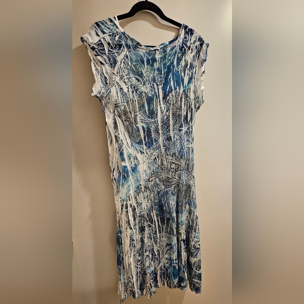 NWOT Reba XL Pleated Rhinestone Blue & White Midi Women's Dress - Picture 2 of 5